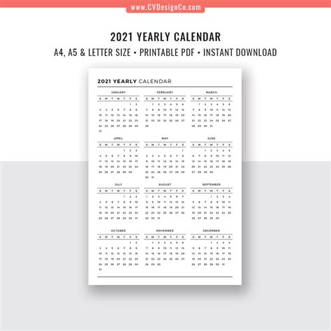 2021 2022 Yearly Calendar Year At A Glance Digital Printable Planner