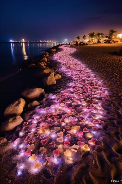 Premium Ai Image A Beach With Sea Shells And A Beach Lit Up With A Lighted Beach In The Background