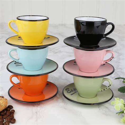 Set Of Six Enamel Espresso Cups And Saucers By Dibor