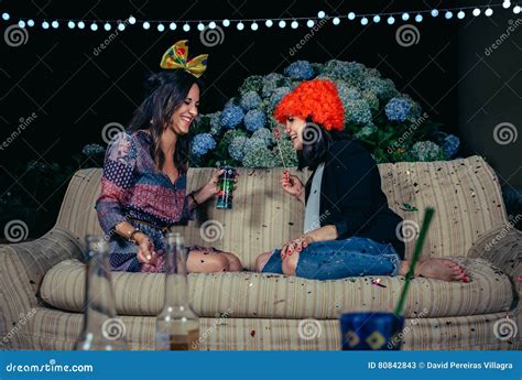 Happy Women Having Fun Over Sofa In Party Stock Image Image Of Carnival Friendship 80842843