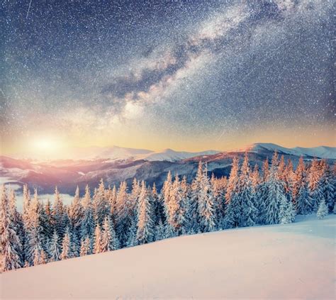 Premium Photo Starry Sky In Winter Snowy Night Carpathians Ukraine