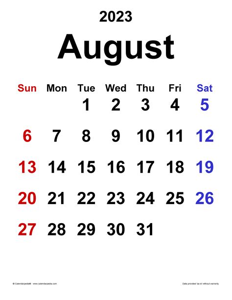 August 2023 Calendar Template 2023 Template Printable