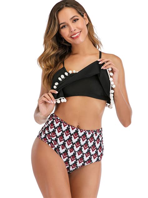 Sayfut Women High Waisted Swimsuits Tummy Control Two Piece Tassel Ruffled Top With Swim Bottom