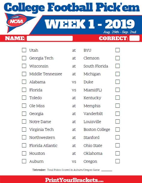 Printable Week 1 College Football Pickem Sheets 2019 Printable Nfl