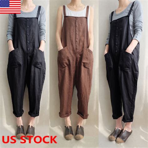 Korean Style Women Casual Loose Overall Linen Cotton Jumpsuit Strap