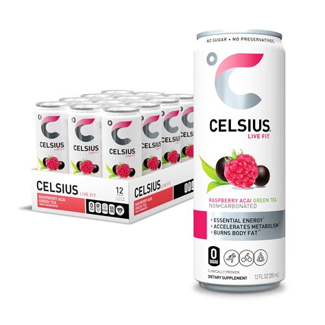 Celsius Essential Energy Drink 12 Fl Oz Raspberry Acai Green Tea Pack