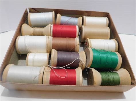 Vintage Thread Box Of Thread On Wood Spools Set Of 15 Etsy