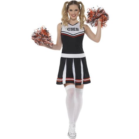 Cheerleader Costume Ladies Cheerleading Fancy Dress Outfit Pom Poms Black