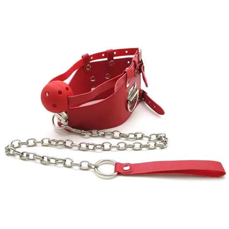Sex Products Red Leather Collar With Ball Gag Metal Leash Red Gag