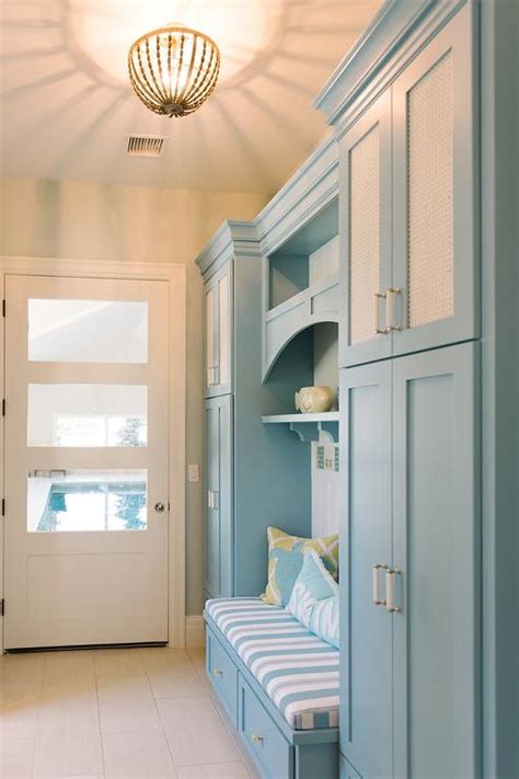 Blue Mudroom Cabinets With Built In Bench Cottage Laundry Room