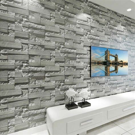 Slate Grey Realistic Stone Brick Wall 3d Effect Textured Wallpaper Faux