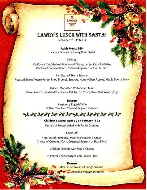 You'll cook your main course, either prime rib or crab crusted salmon, from scratch using our provided ingredients. Menu | Lawry's The Prime Rib Chicago | Lawry's Restaurants ...