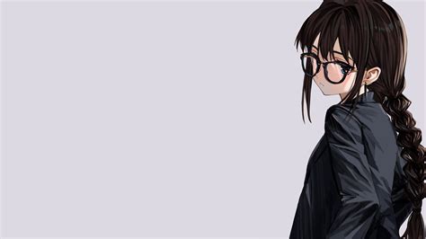 Anime Girls Simple Background Looking At Viewer Glasses Meganekko Brunette Long Hair