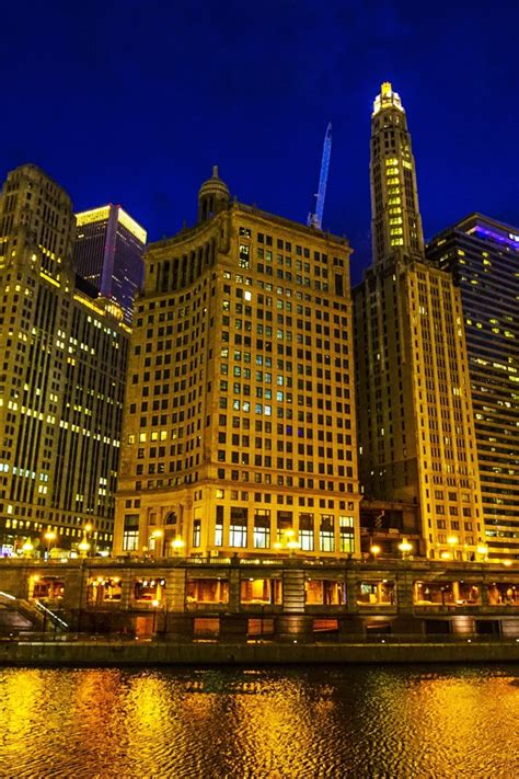Wallpaper Chicago River City Skyscrapers Lights Night Usa