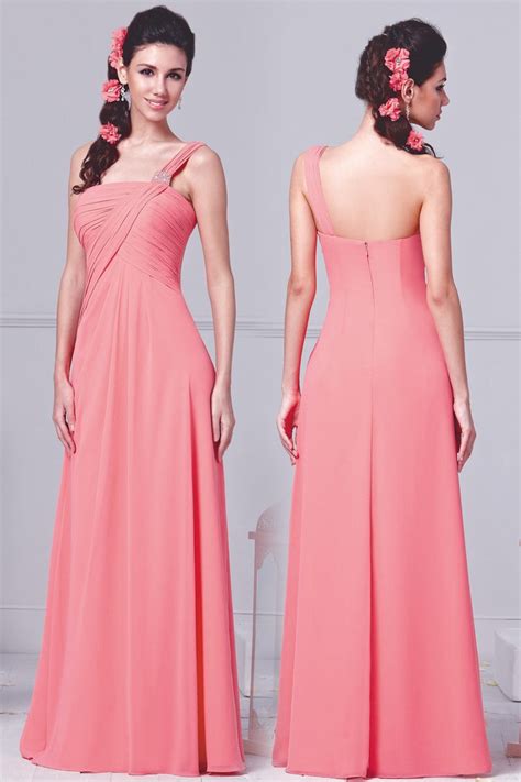 Modern One Shoulder Ruching Chiffon Floor Length Pink Formal Bridesmaid