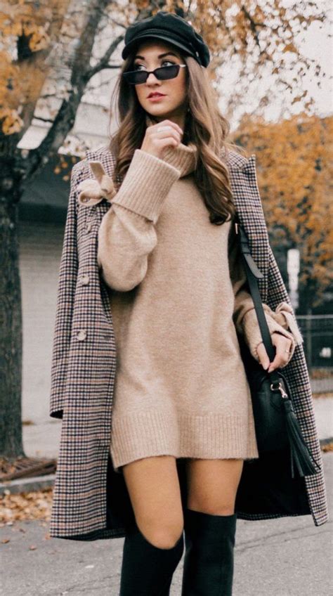 31 Cute And Comfy Winter Outfits For Women Outfits With Hats Beige Sweater Dress Winter