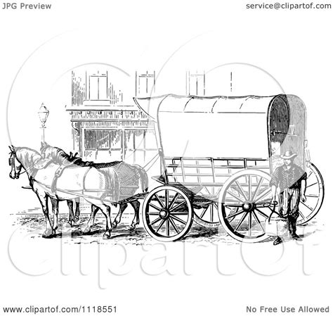 Clipart Of A Retro Vintage Black And White Horse Drawn Covered Wagon