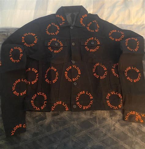 Vlone Vlone Black And Orange Rhinestone Denim Jacket Sz M Grailed
