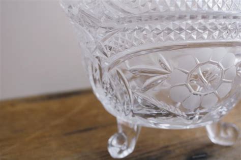 Vintage Crystal Clear Glass Candy Dish Cut Flower Pattern Three Toed