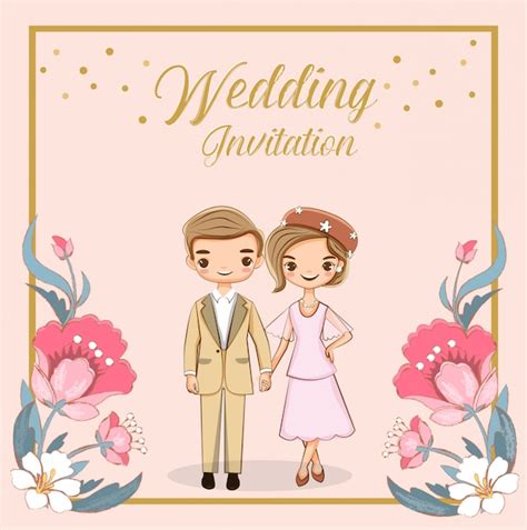 Cute Cartoon Couple For Wedding Invitations Card Premium Vector