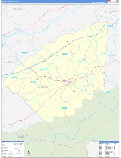 Greene County Tn Zip Code Wall Map Basic Style By Marketmaps Mapsales