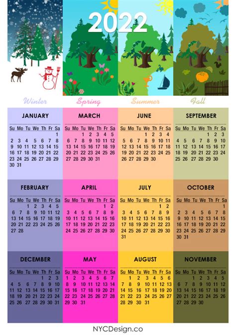 2022 Calendar Printable Free 4 Seasons Calendar Sunday Start