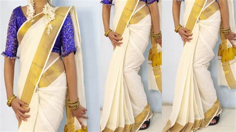 White Kerala Saree Wearingwhite Golden Border Saree Drapekerala Saree