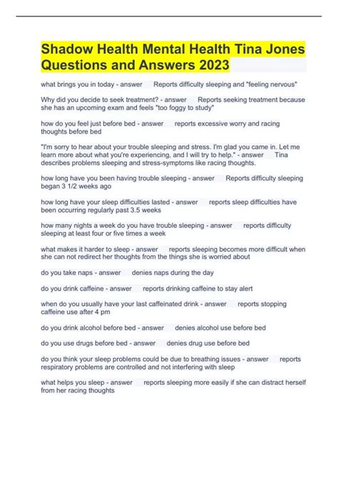 Shadow Health Mental Health Tina Jones Questions and Answers 2023