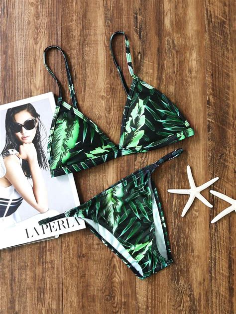 Green Leaf Print Double Strap Bikini Set Bikinis Swimsuits Triangle