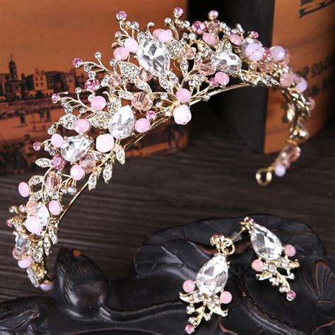 Pearl Bridal Crowns Handmade Tiara Pink White Bride Headband Crystal