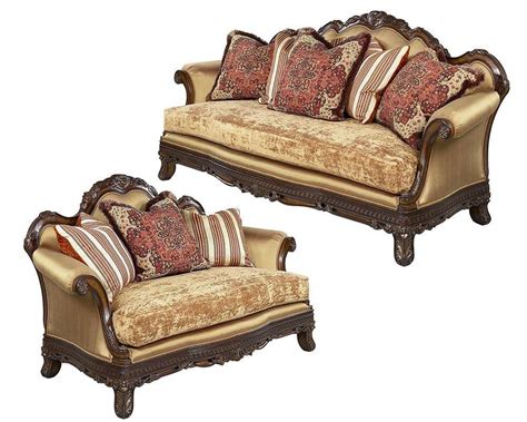Luxury Gold Chenille Dark Brown Wood Sofa Set 2p Hd 90015