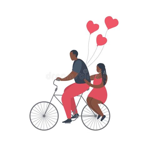 Valentine`s Day Illustration Young Black Man With Young Black Woman Is Riding A Bike With Red