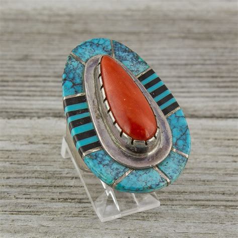 Richard Begay Turquoise Onyx And Coral Inlay Ring