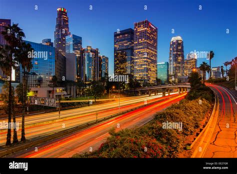 Downtown Skyline At Sunrise Los Angeles California Usa Stock Photo