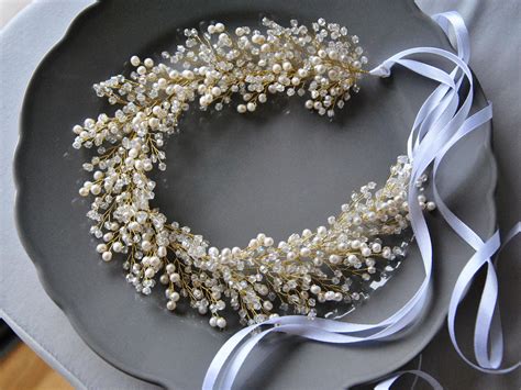 Pearl Bridal Headpiece Bohemian Wedding Crown Pearl And Etsy Pearl