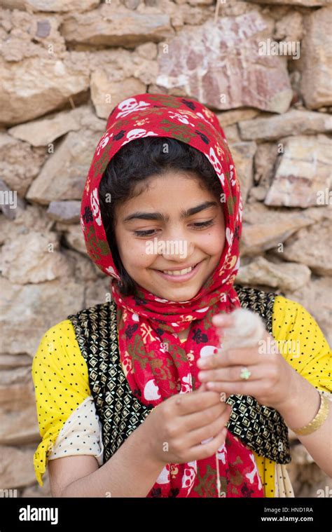 A Young Kurdish Girl With Red Veil Carding Wool Palangan Ancient
