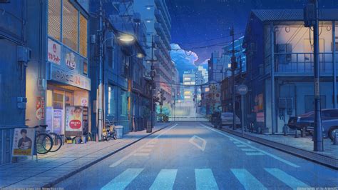 Download 1600x2560 Anime Street Road Buildings Scenery Night Stars