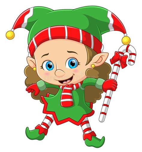 Happy Elf Girl Carrying Big Candy Cane Stock Vector Illustration Of Cartoon Fantasy 262969079
