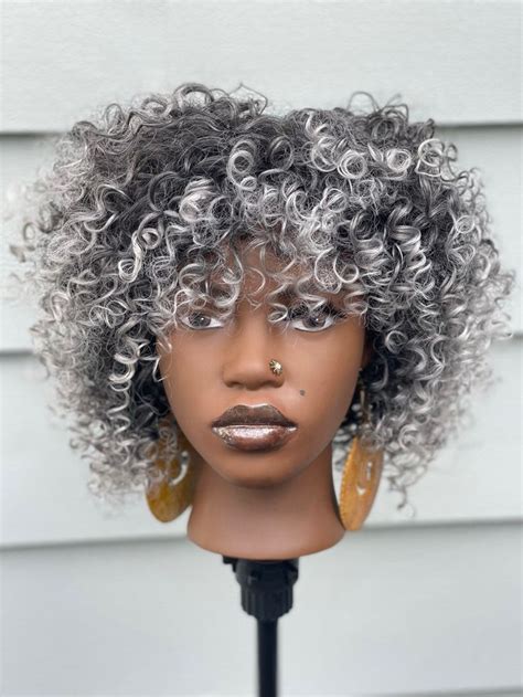 Mixed Grey Salt And Pepper Silver Curly Synthetic Wig With Bangs Etsy