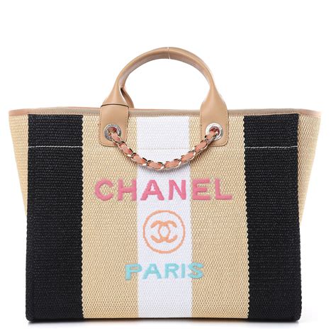 Chanel Straw Raffia Calfskin Striped Large Deauville Tote Black Beige