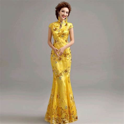 Free Shipping 2016 Fashion Lace Bride Wedding Qipao Yellow Cheongsam