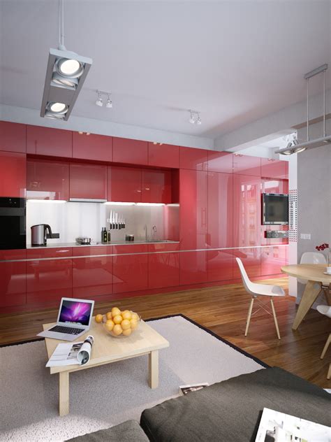 However, stepping into a room flooded by natural light makes this modern apartment feel much larger than its measurements give it credit for. Modern apartment design With Beautiful Red Kitchen Set - RooHome | Designs & Plans