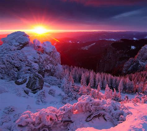 Sunset Mountain Nature Snow Winter Hd Wallpaper Peakpx