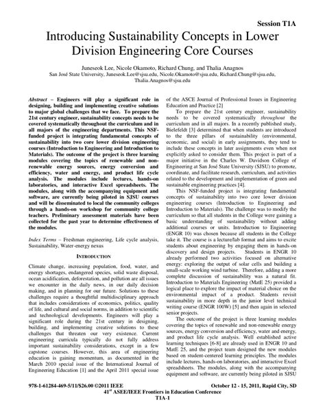 Pdf Introducing Sustainability Concepts In Lower Division Engineering