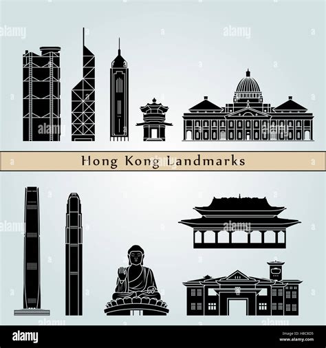 Hong Kong V2 Landmarks And Monuments Isolated On Blue Background In