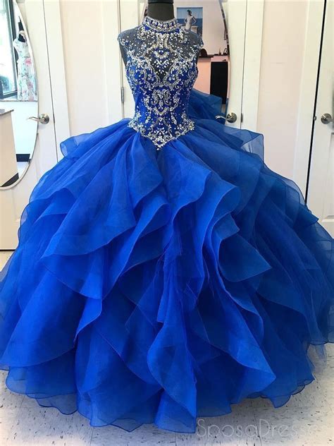 royal blue ball gown high neck rhinestone beaded long evening prom dresses 17689