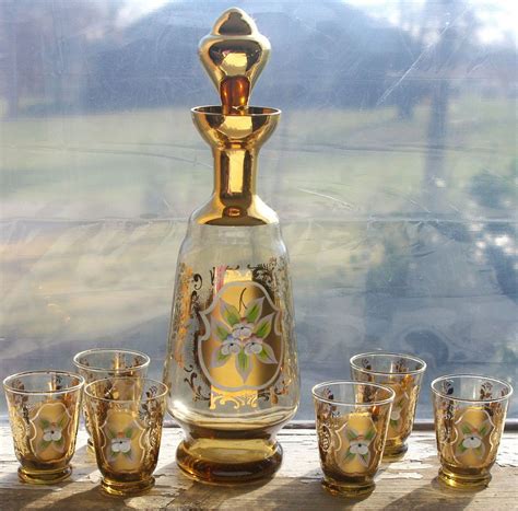 Bohemian Czech Moser Art Glass Amber Gold Decanter And 6 Shot Glasses Enamel Flwrs Antique Glass