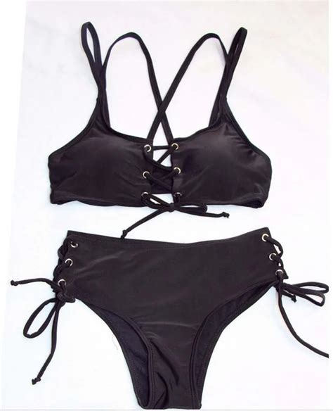 2017 Sexy Bikini Set Solid Black With Rope Bangdage Push Up Swimsuit