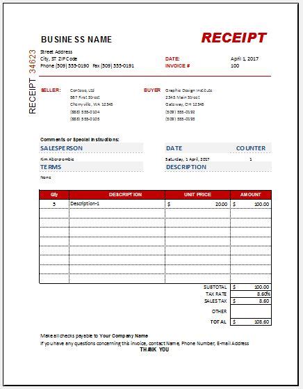 Sales Receipts Contents And Templates For Ms Excel Excel Templates
