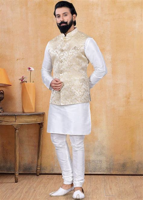 White Kurta Pajama With Cream Woven Nehru Jacket 823mw03